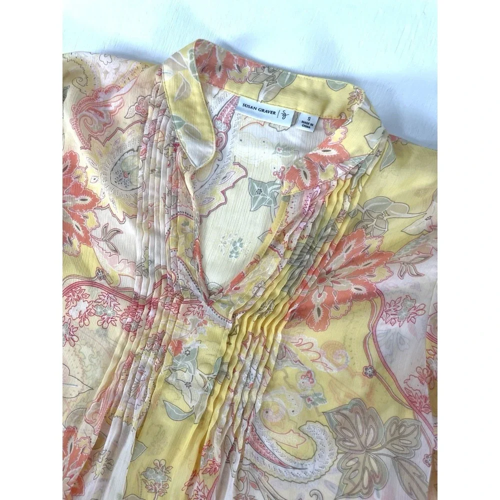 Susan Graver Blouse Popover V-neck Top Size S Yellow Colorful Semi Sheer Floral - Picture 4 of 14